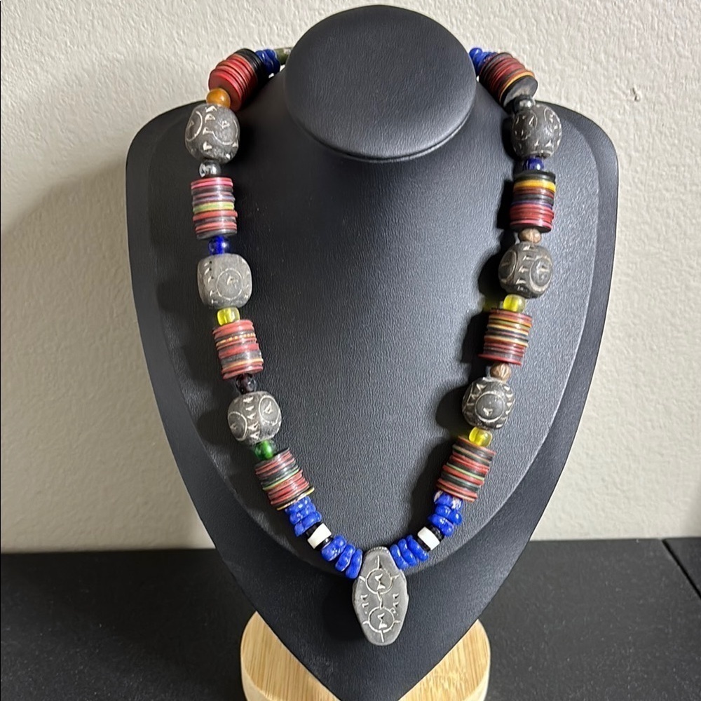 Vintage African Disc Ceramic Screw Back Colorful Miced Media Necklace